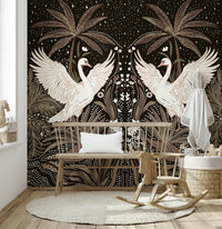 Nocturnal scene, beautiful artistry, Swan Nightfall Serenity wallpaper, decorative piece.