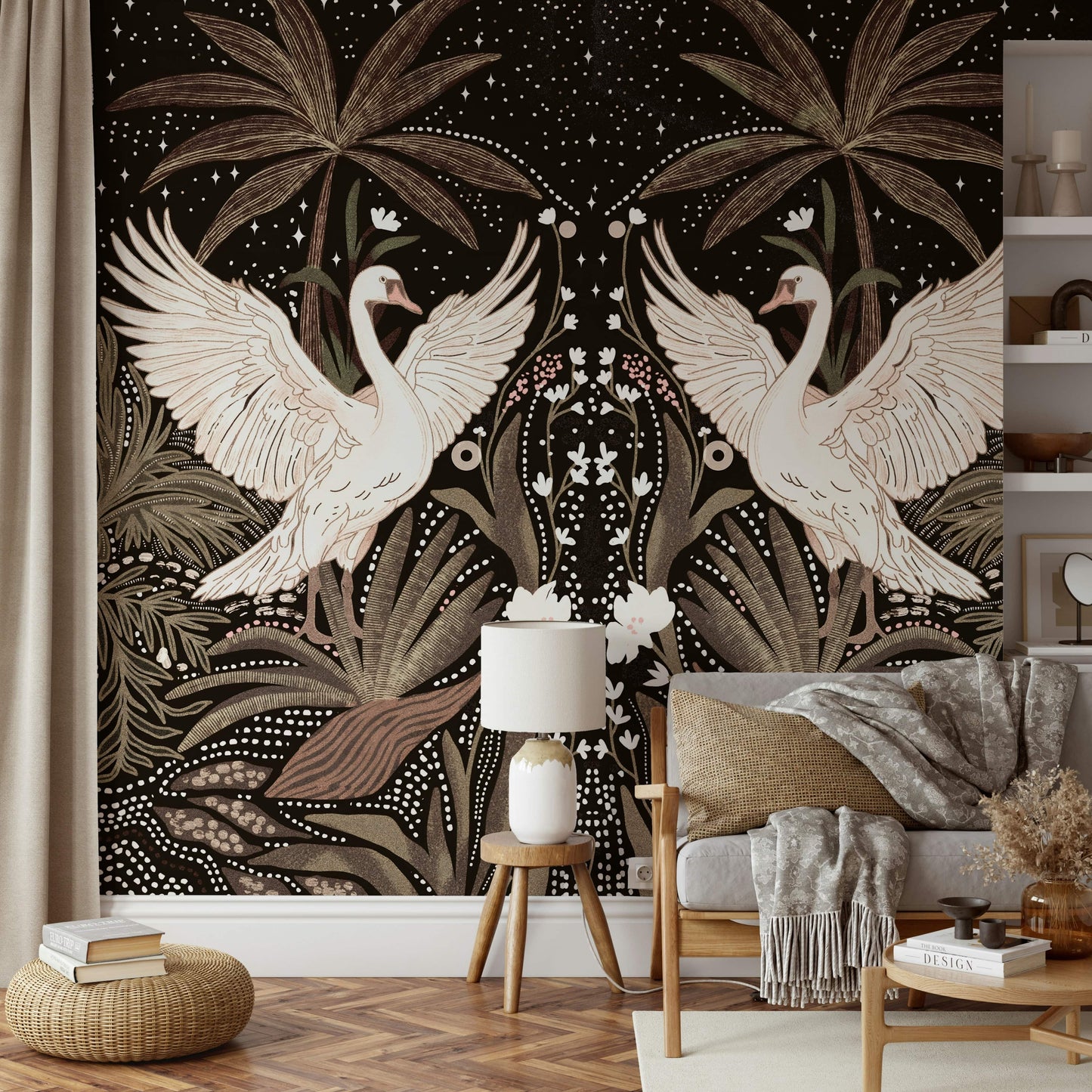 Wall covering, majestic swans, Swan Nightfall Serenity mural, vintage style.