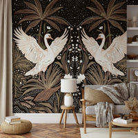 Wall covering, majestic swans, Swan Nightfall Serenity mural, vintage style.
