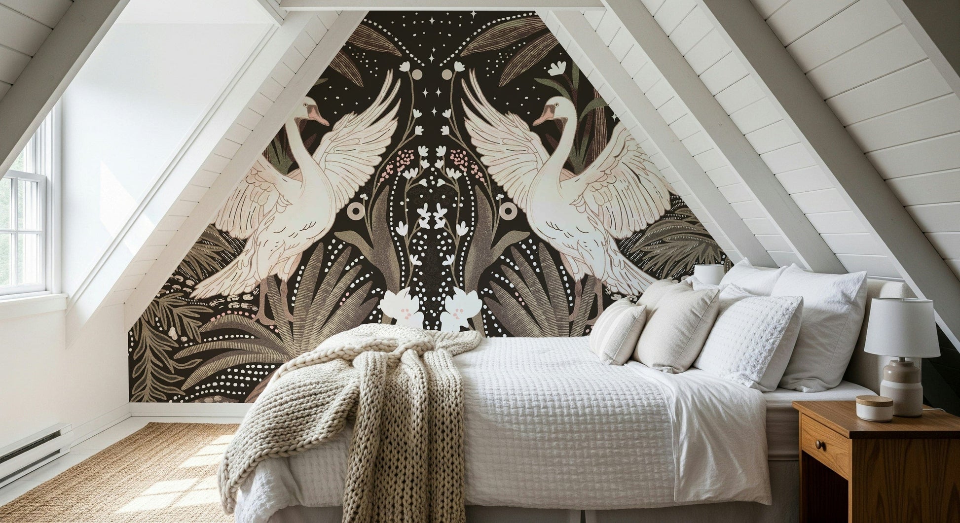 Tropical foliage, starry sky, Swan Nightfall Serenity wall art, exotic ambiance.