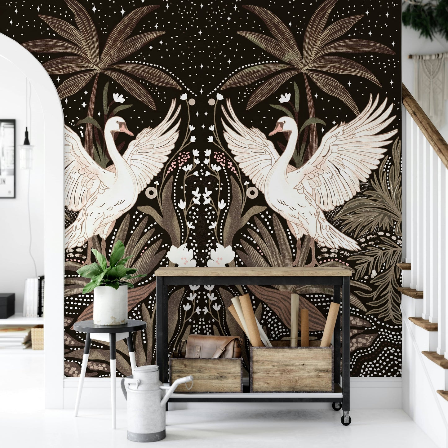 Symmetrical art, midnight garden, Swan Nightfall Serenity peel and stick wallpaper.