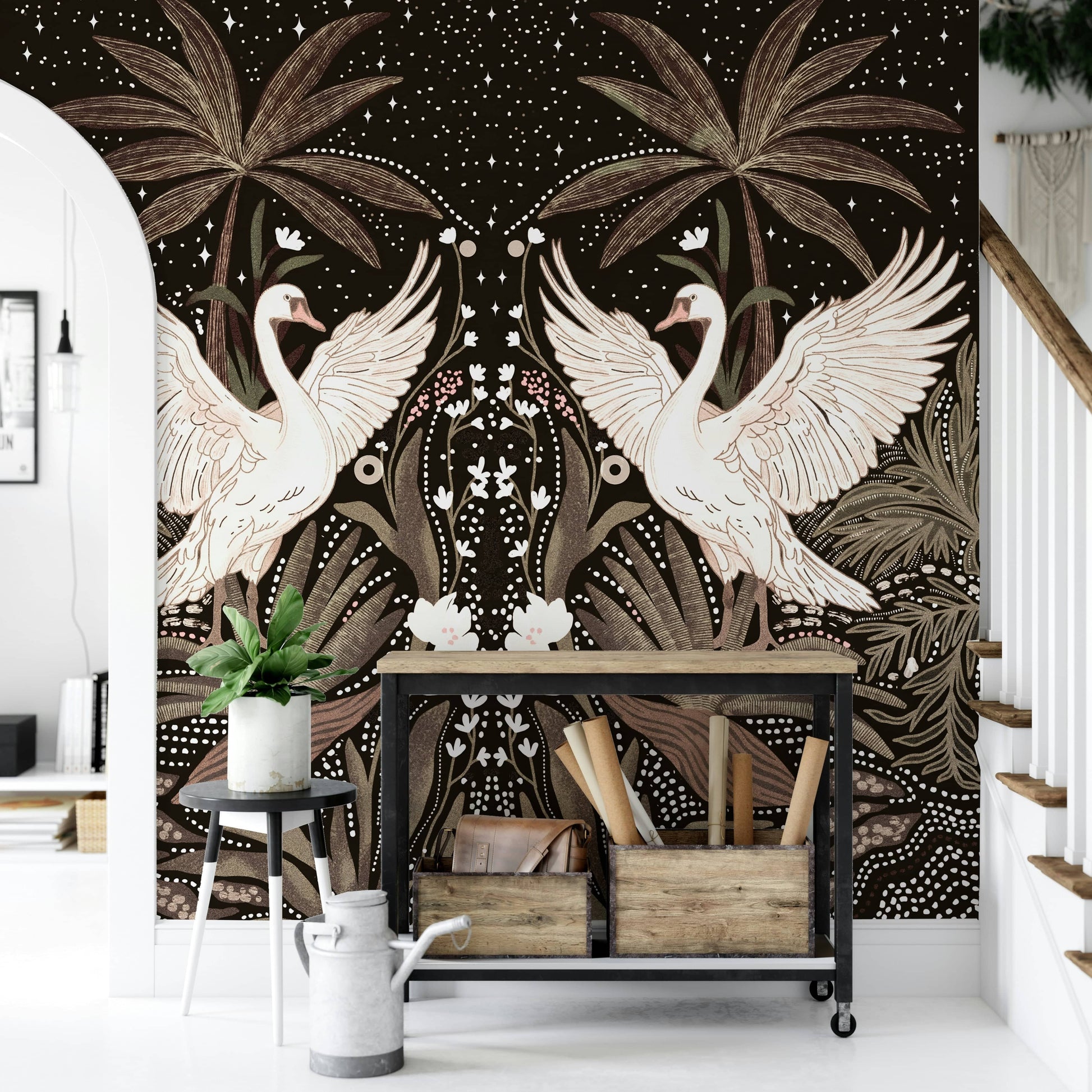 Symmetrical art, midnight garden, Swan Nightfall Serenity peel and stick wallpaper.