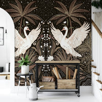 Symmetrical art, midnight garden, Swan Nightfall Serenity peel and stick wallpaper.
