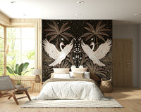 Stunning illustration, magical birds, Swan Nightfall Serenity wallpaper for walls, unique design.