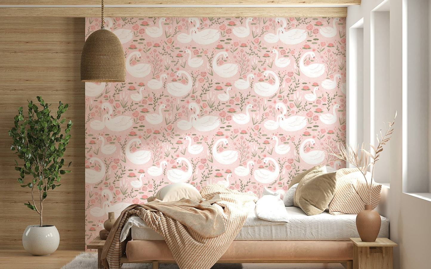 Full view of a girl's bedroom showcasing the enchanting repeating swan print on all walls.