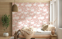 Full view of a girl's bedroom showcasing the enchanting repeating swan print on all walls.