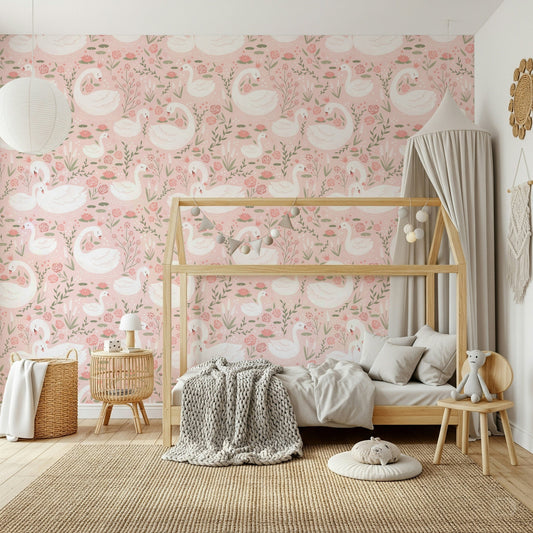 Seamless pattern close-up of white swans and pink roses on a blush background.