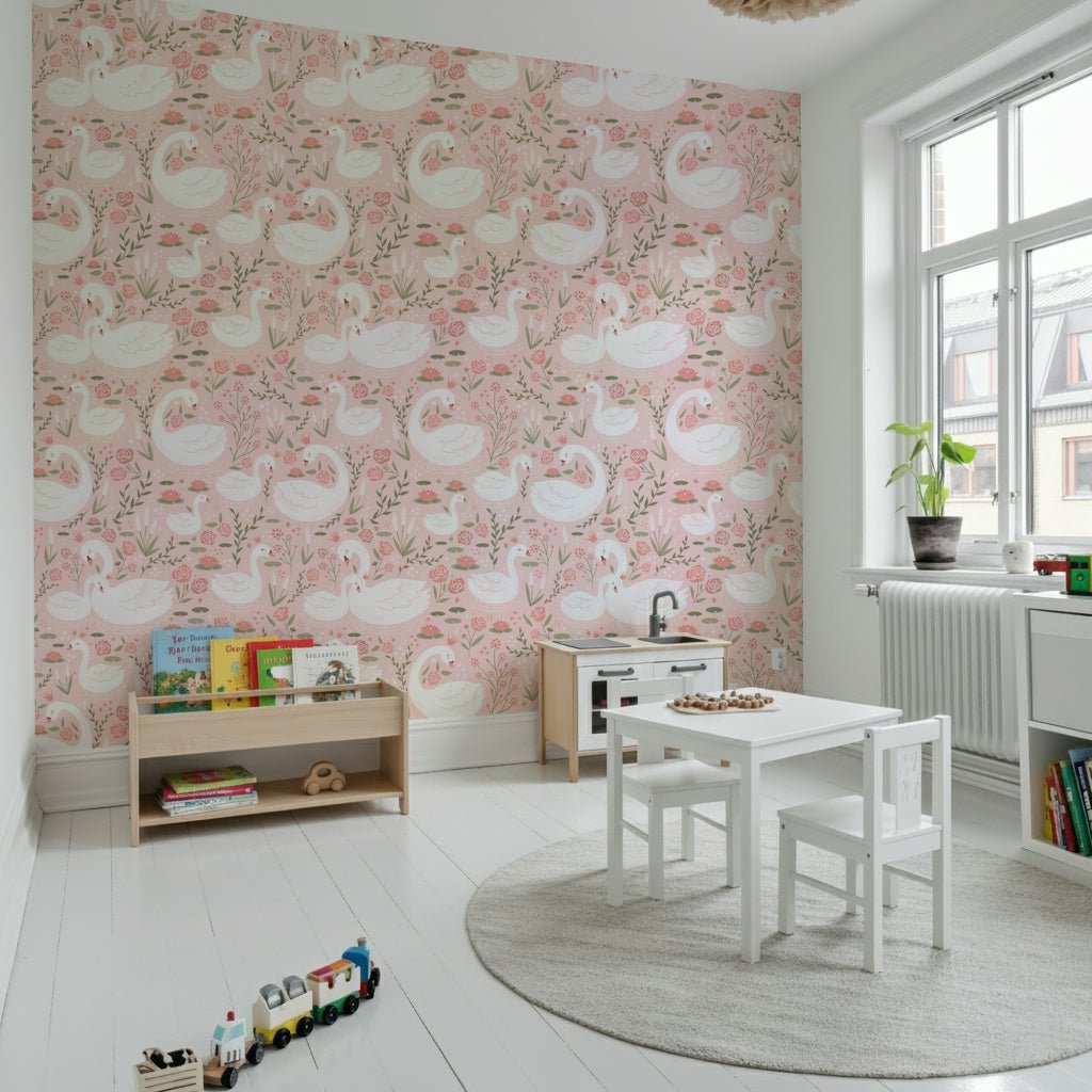 Elegant living room accent wall with the Swan Princess Garden wallpaper mural.