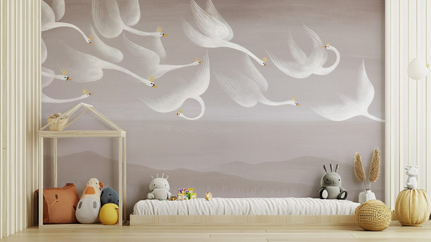 Aesthetic swan mural with golden-crowned birds
