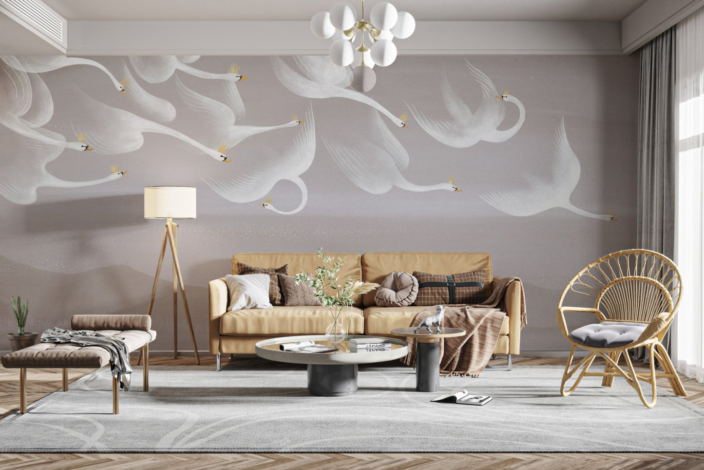 Graceful swans flying over misty hills mural
