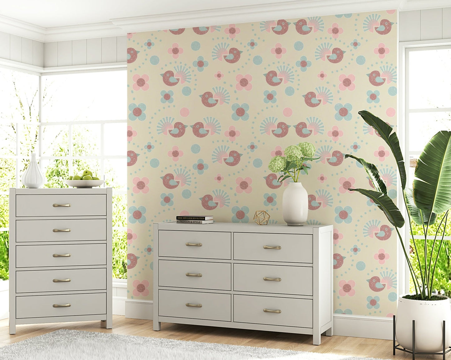 Delightful birds and flowers pattern of the Sweet Birdies and Blooms in pasteltones Wallpaper.