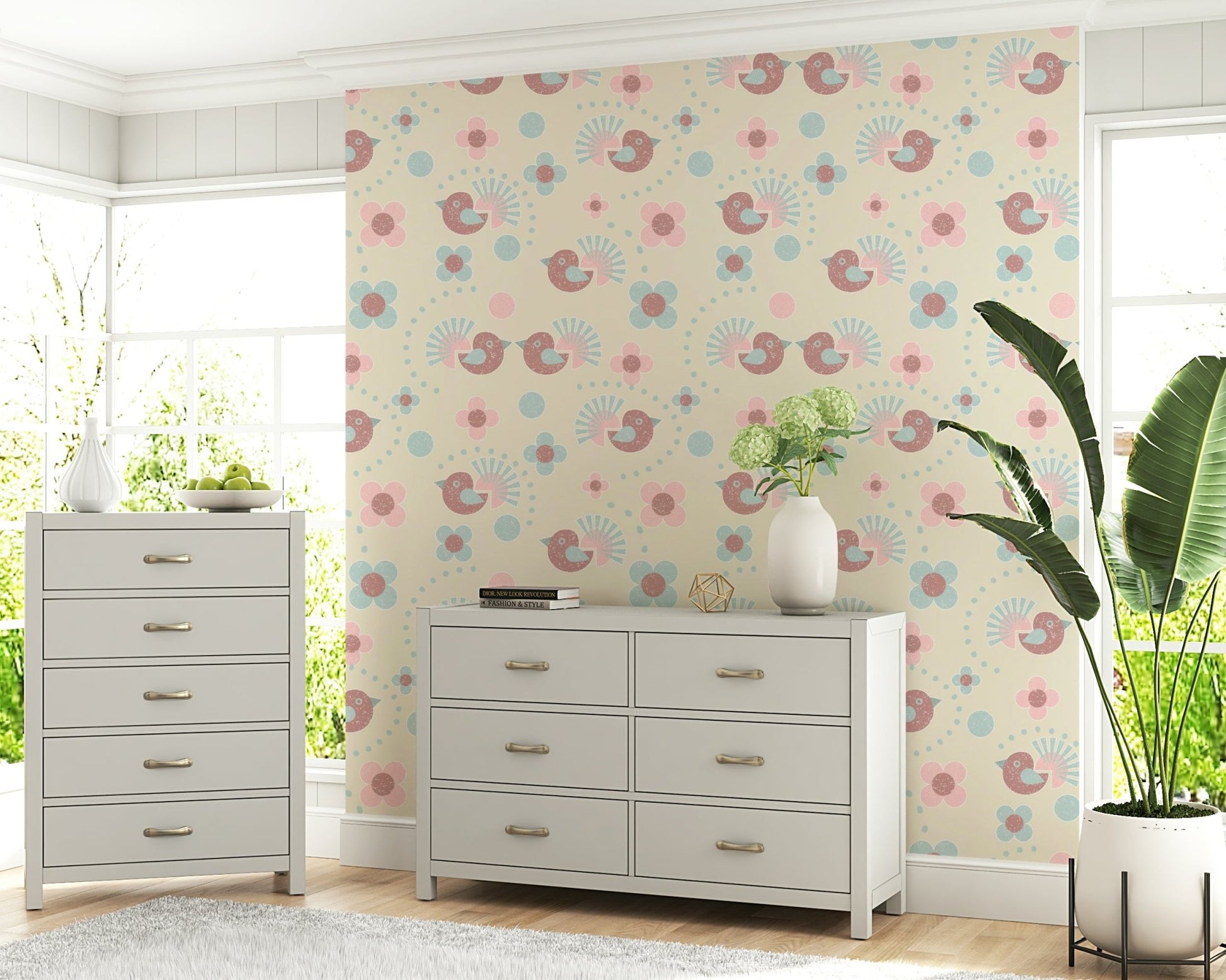 Delightful birds and flowers pattern of the Sweet Birdies and Blooms in pasteltones Wallpaper.