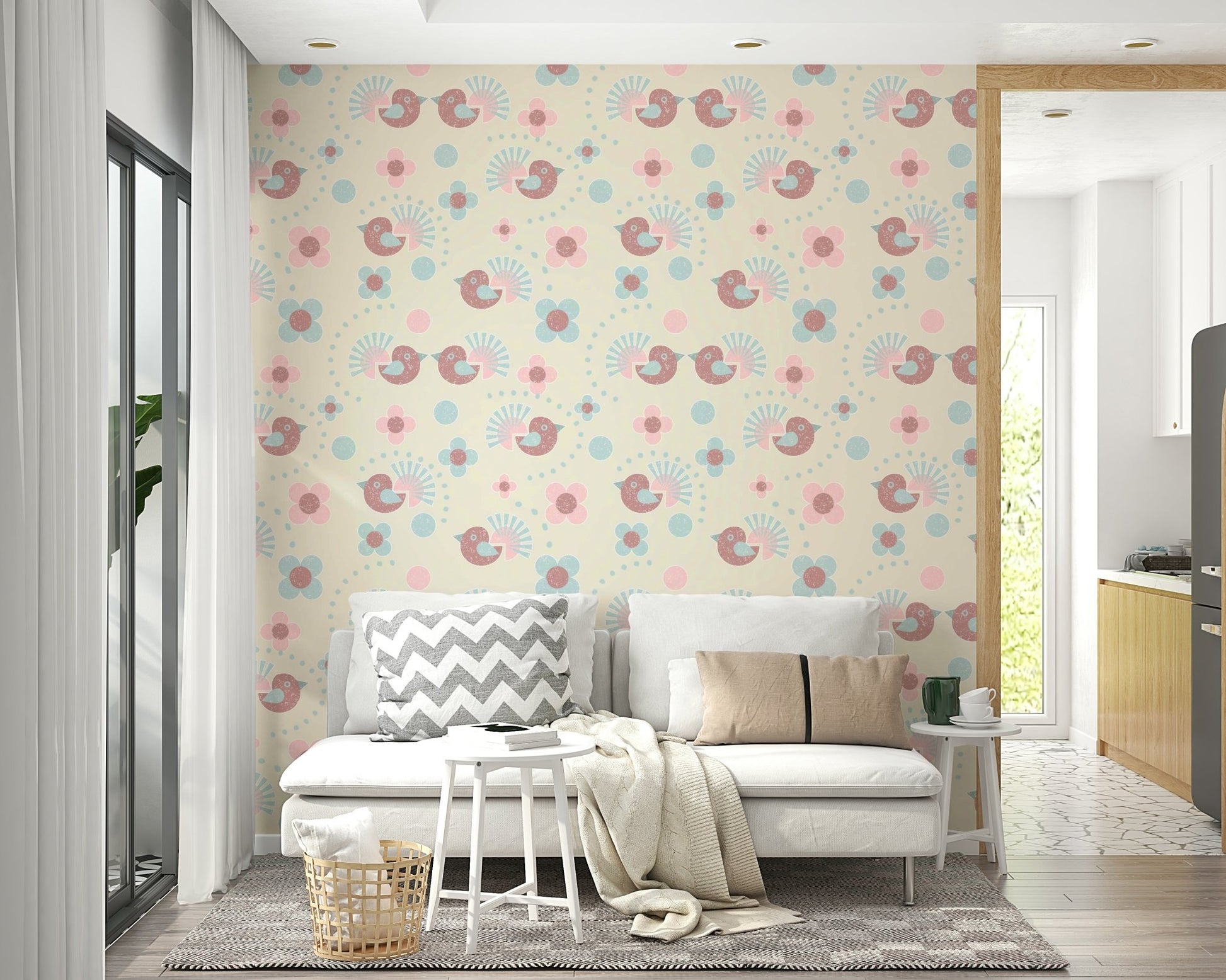 Illustration of delicate blooms on the Sweet Birdies and Blooms in pasteltones Wallpaper.