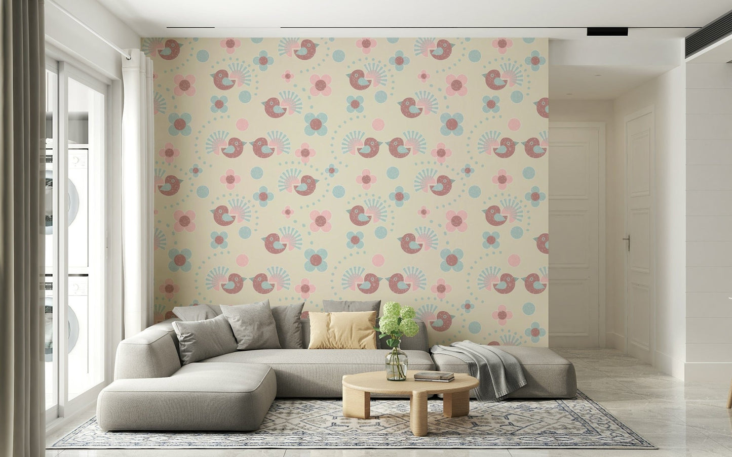 Bird motif in the beautiful Sweet Birdies and Blooms in pasteltones Wallpaper design.