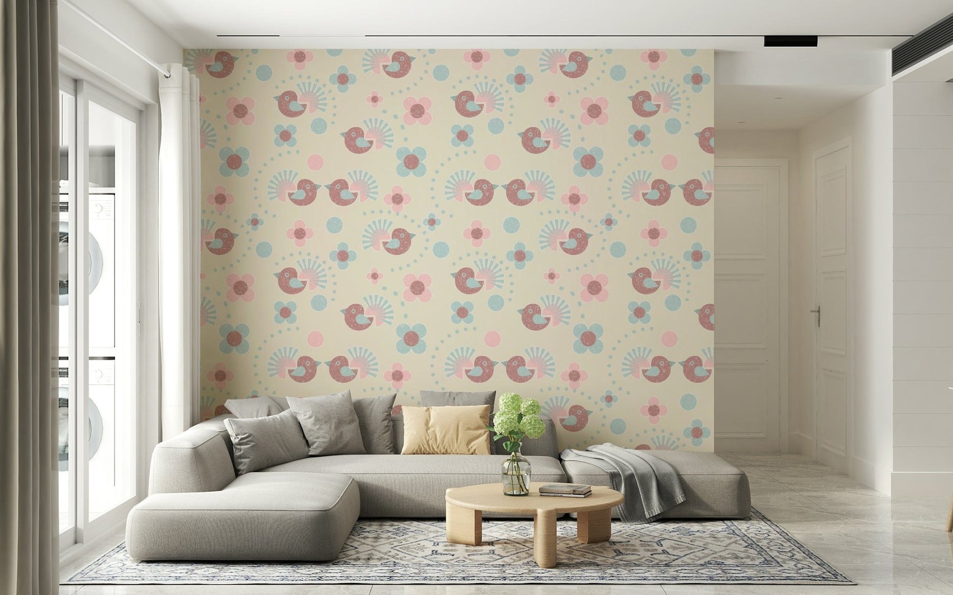 Bird motif in the beautiful Sweet Birdies and Blooms in pasteltones Wallpaper design.