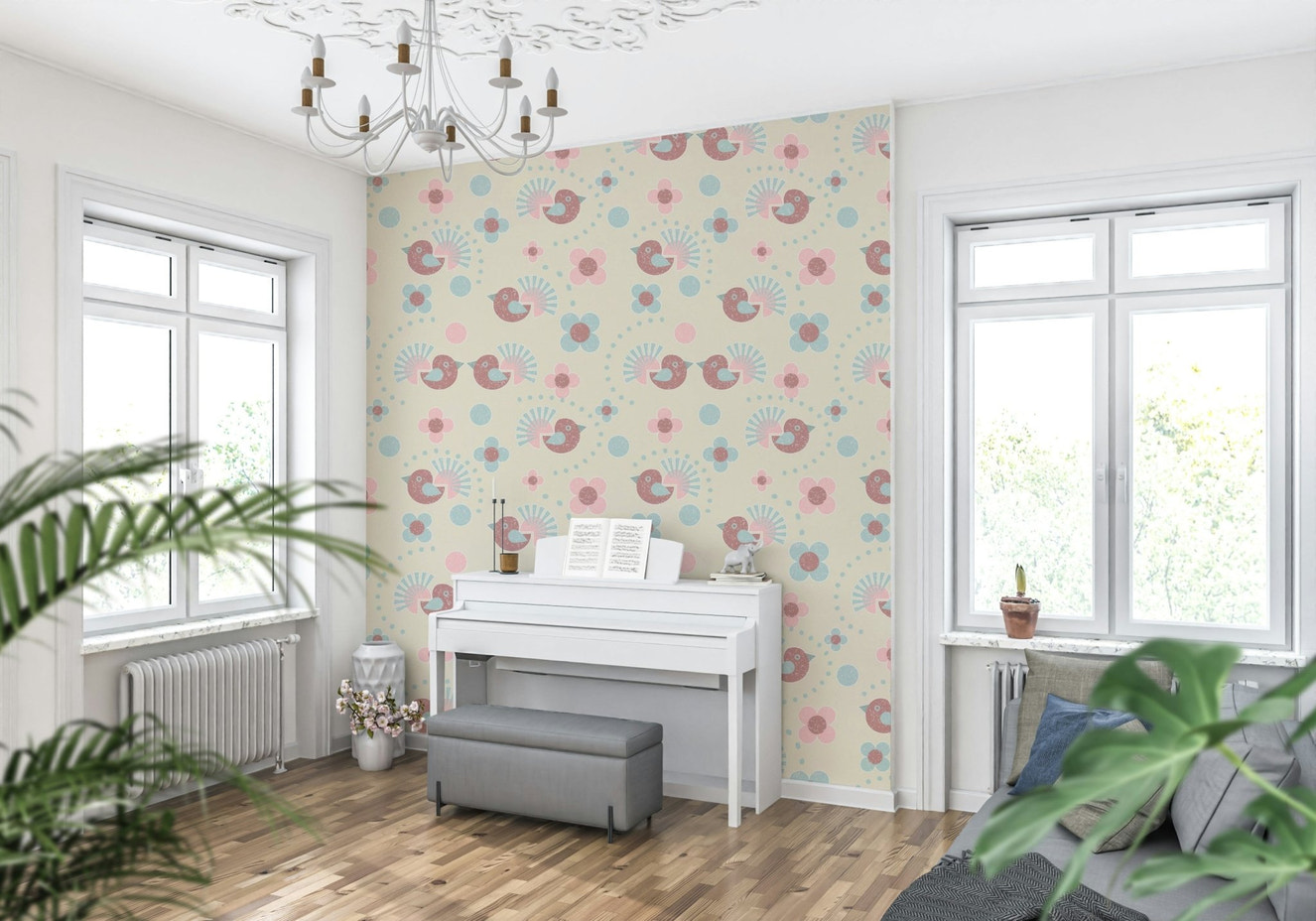Sweet Birdies and Blooms in pasteltones Wallpaper in a nursery.