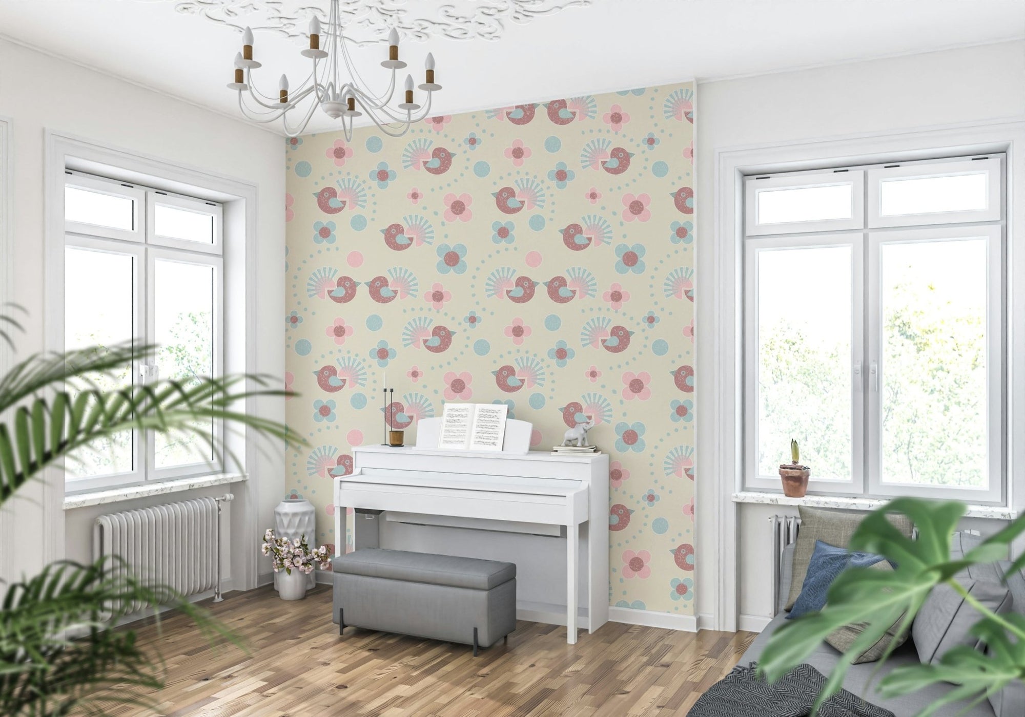 Sweet Birdies and Blooms in pasteltones Wallpaper in a nursery., GD6226