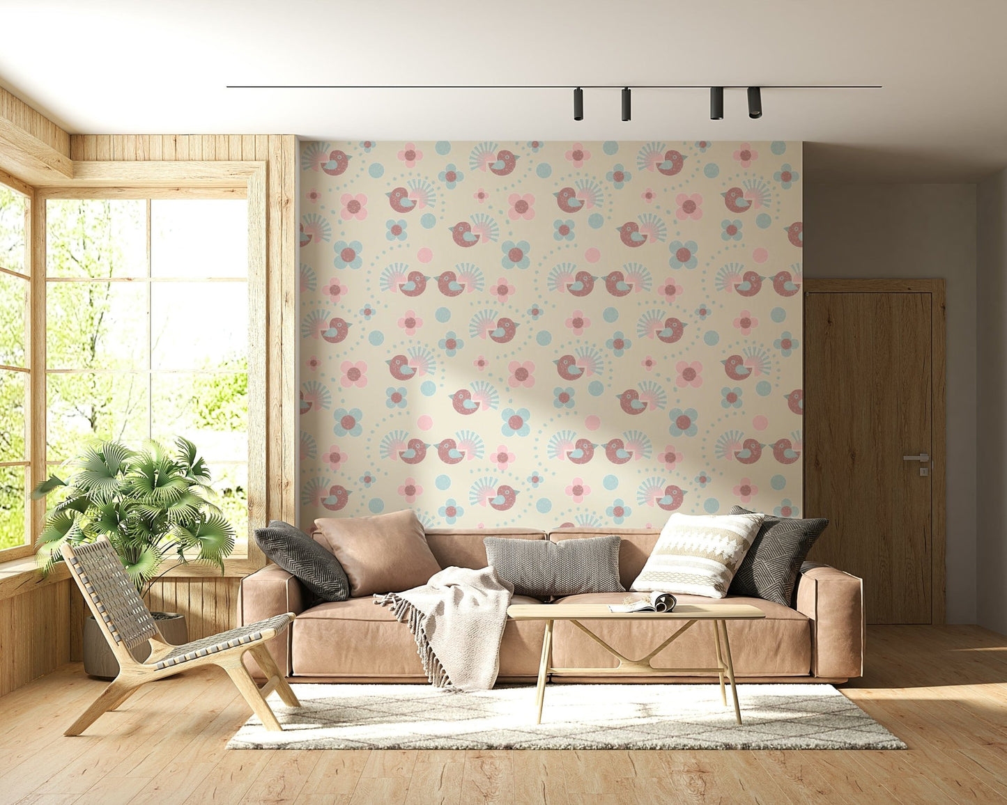 Full view of a child's bedroom with Sweet Birdies and Blooms in pasteltones Wallpaper.