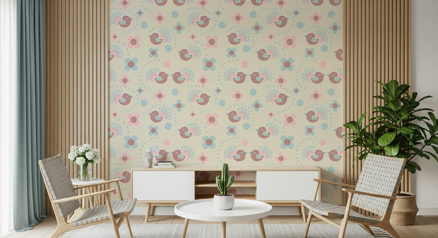 Sweet Birdies and Blooms in pasteltones Wallpaper accent wall in a sitting room.