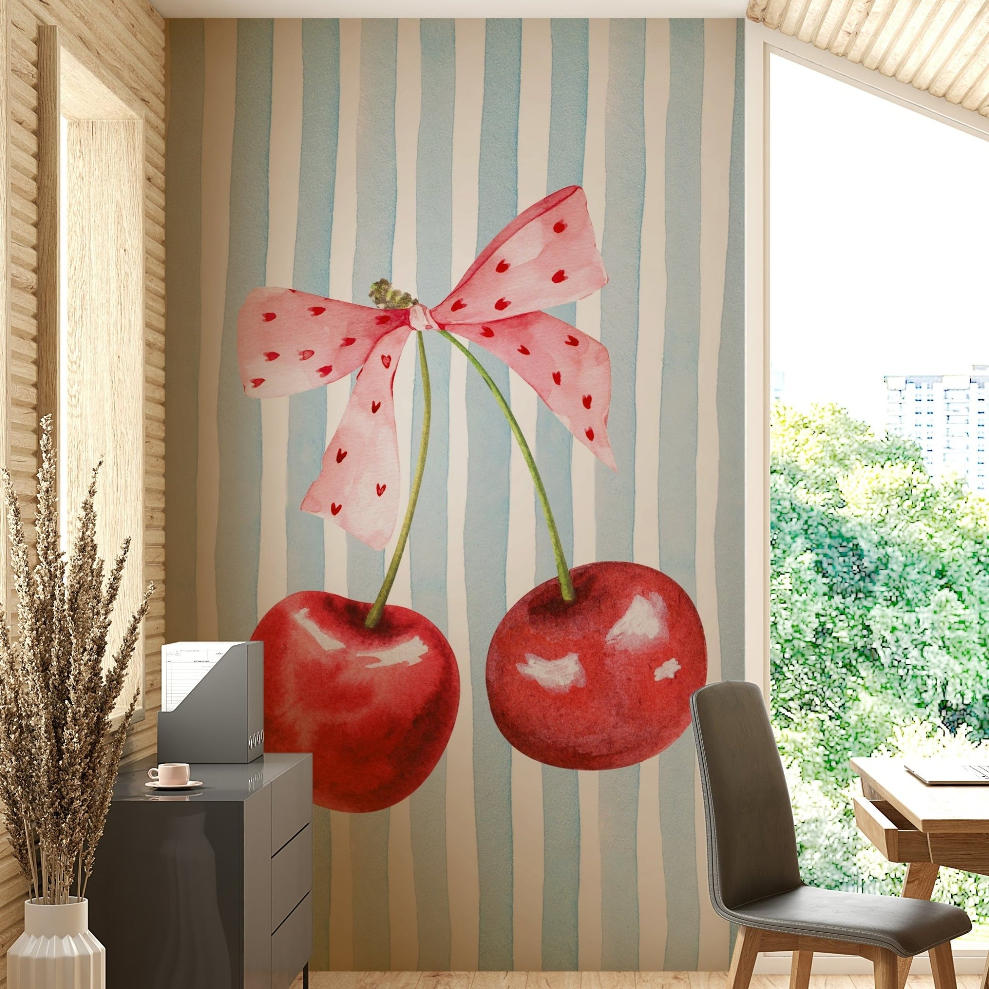 Sweet Cherry Stripes Wall Mural with vibrant fruit design., GD1944