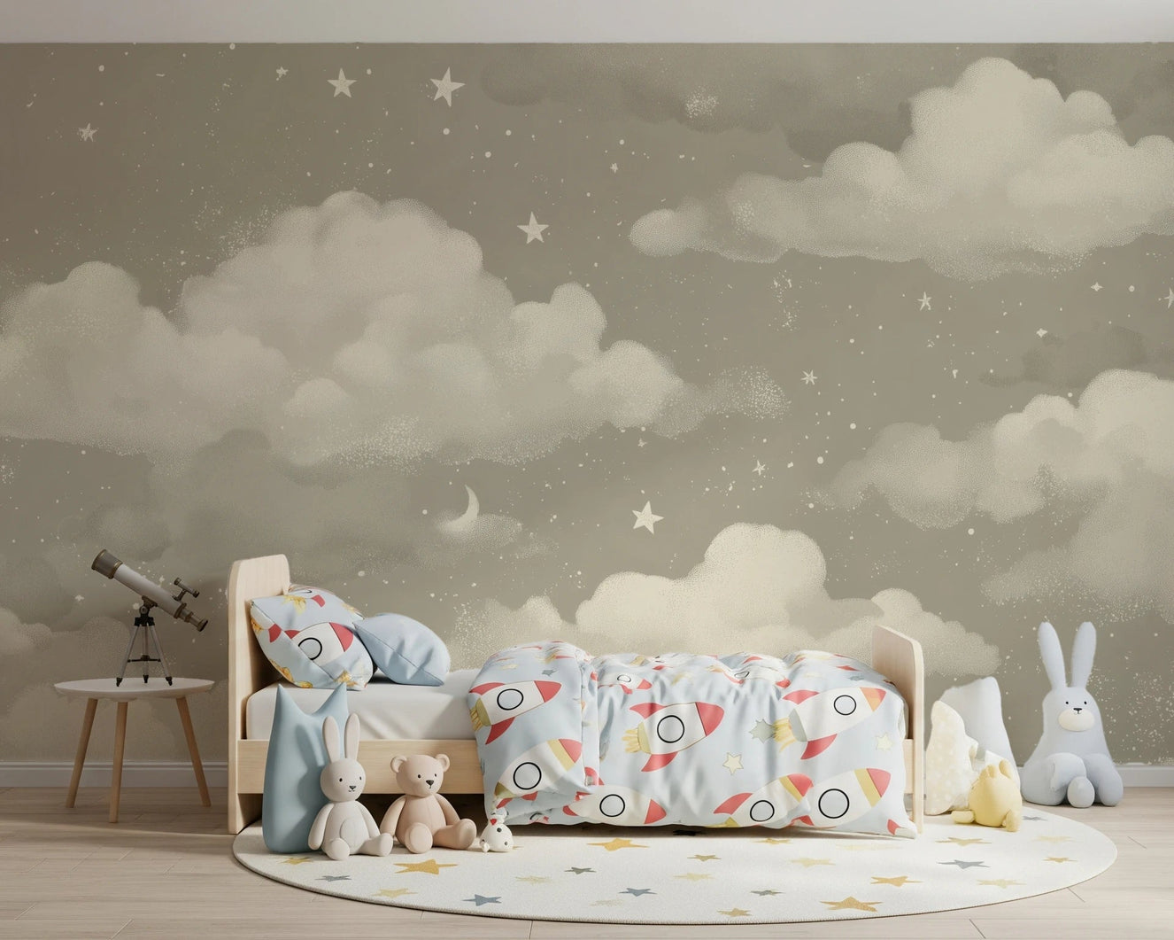 Soft cloud pattern in Sweet Dreams – Natural wall mural for a kids room