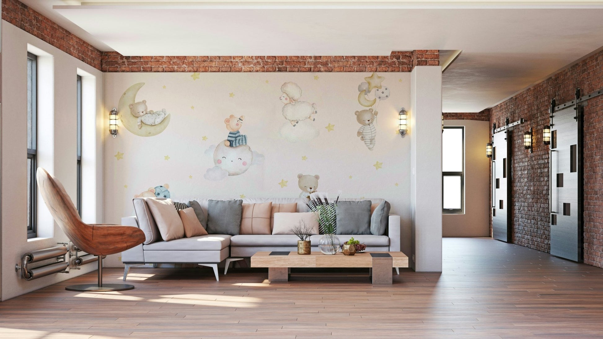 A peaceful nursery wall mural with a soft rainbow.

