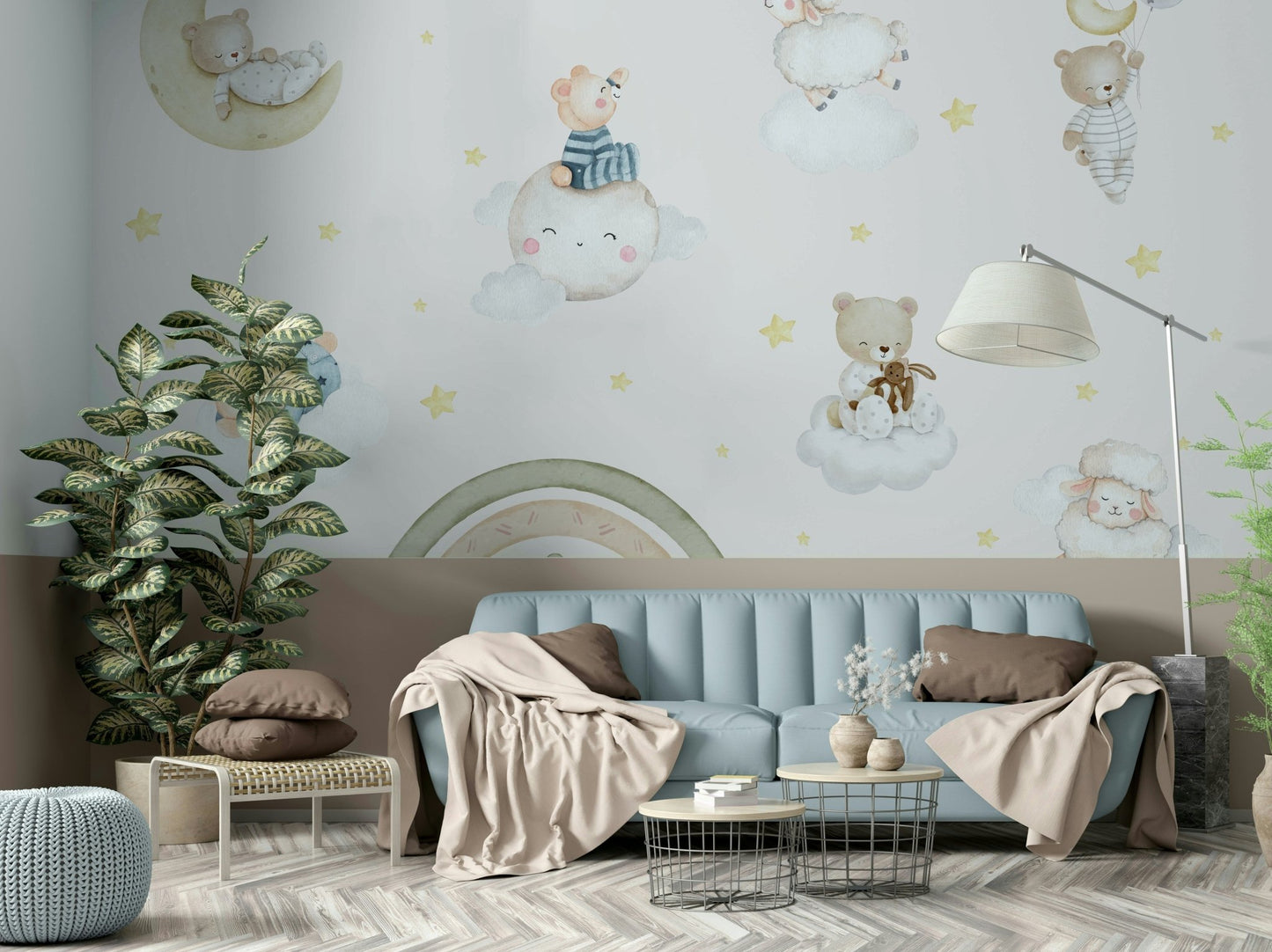 The rainbow is made up of gentle, pastel colors.

