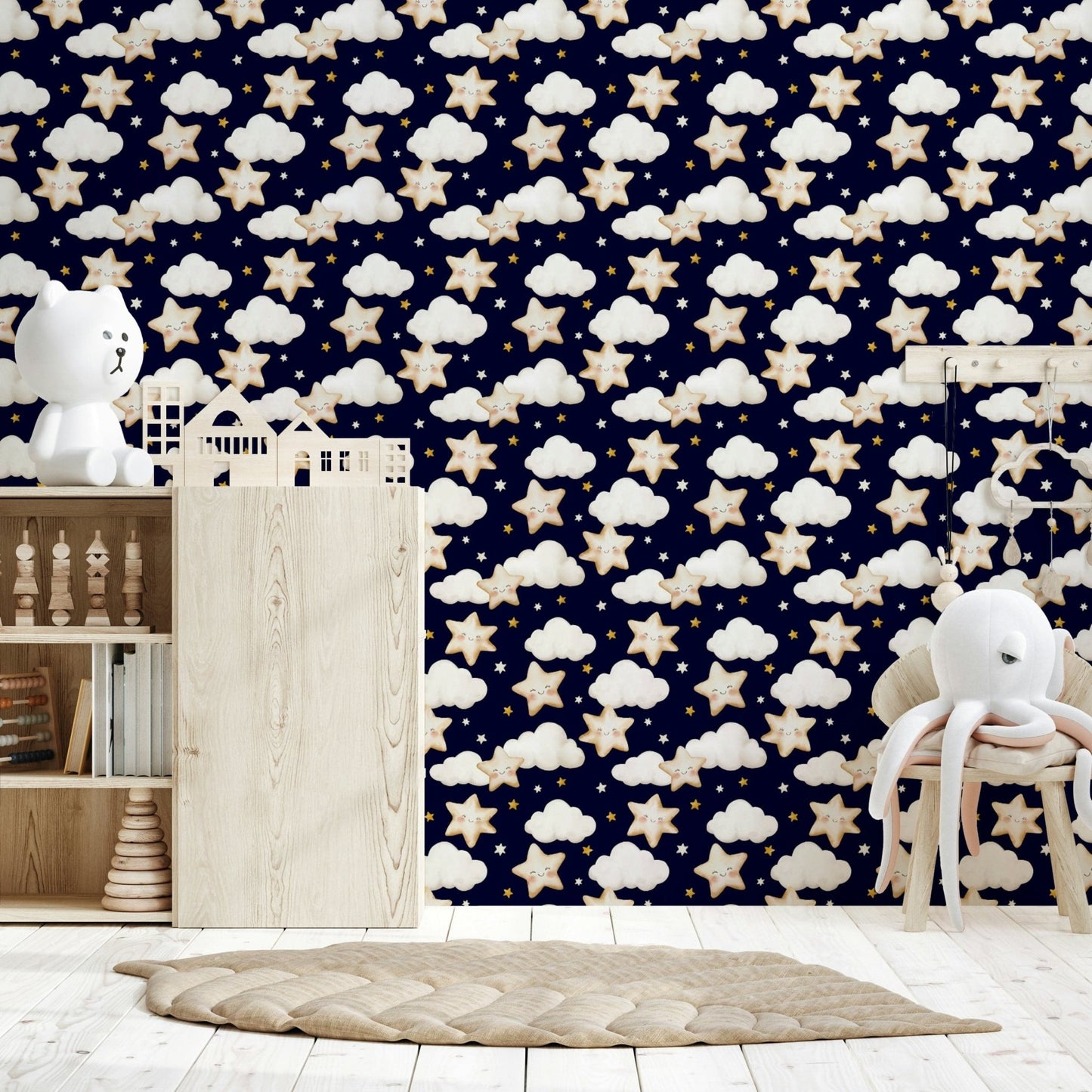 Cute stars and clouds on Sweet Dreams Starry Sky Wallpaper.