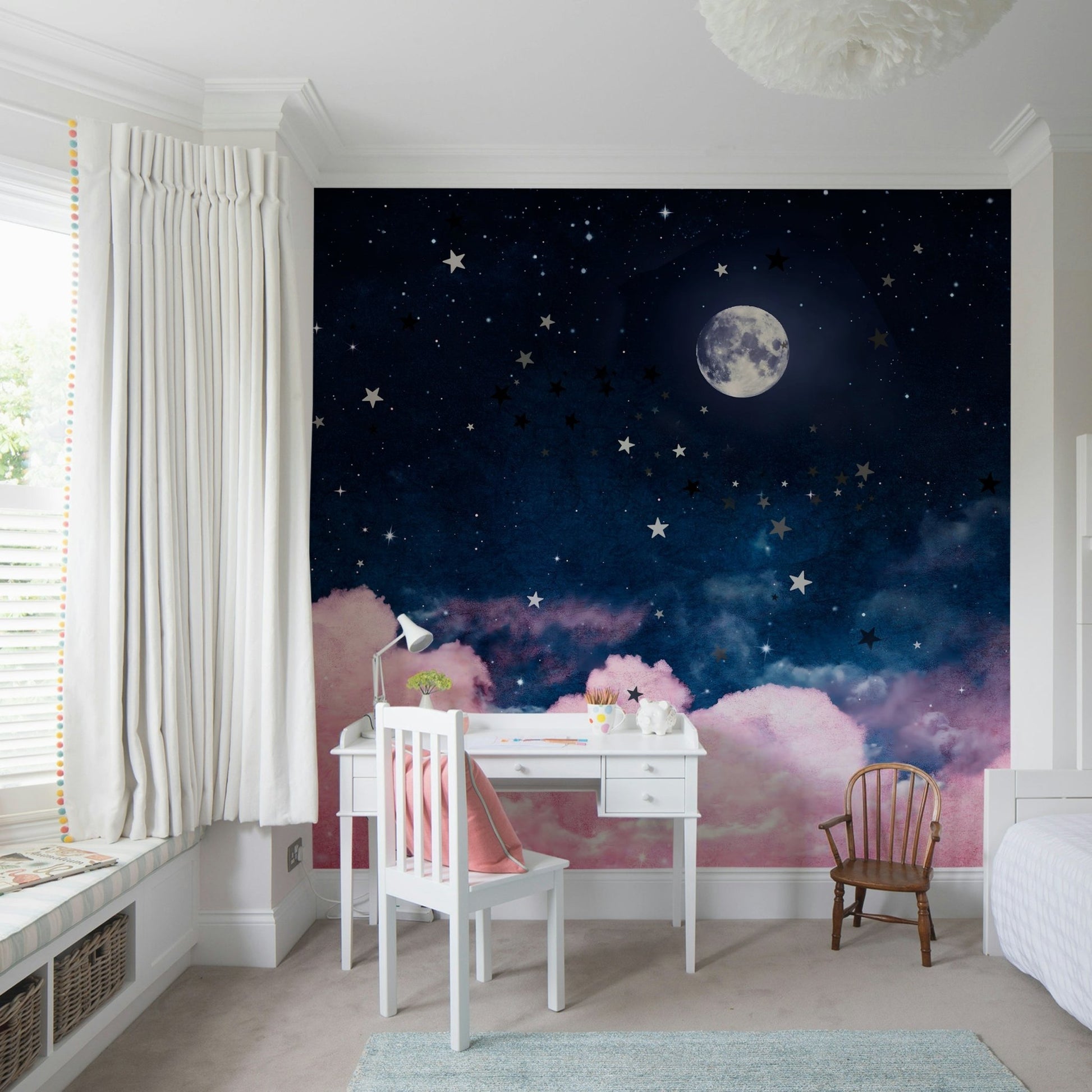 Peaceful sleep-themed wall mural with starry sky

