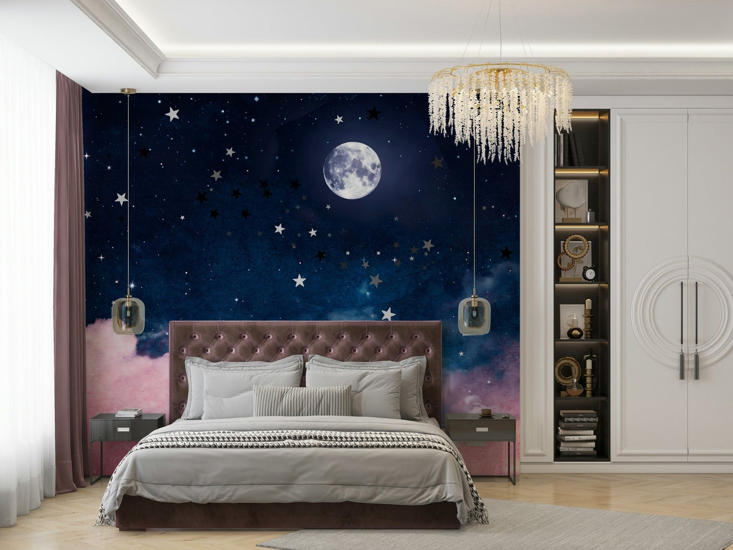 Celestial wall art with moonlight and night hues

