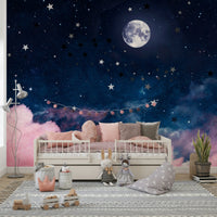 Serene bedroom mural with moon and pastel sky

