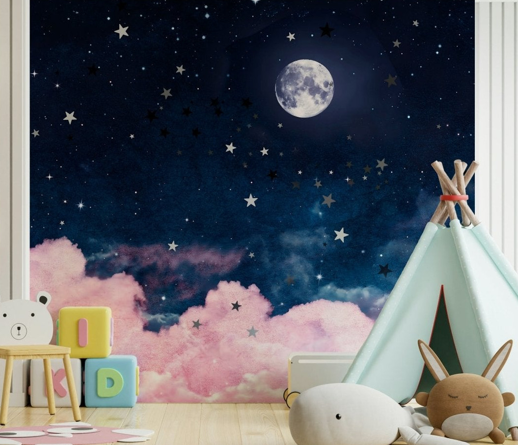 Whimsical night sky mural with moonlit charm


