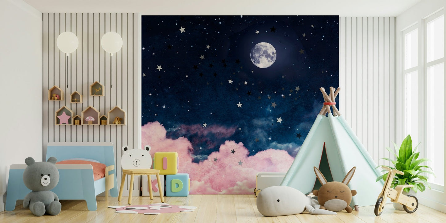 Whimsical night sky mural with moonlit charm

