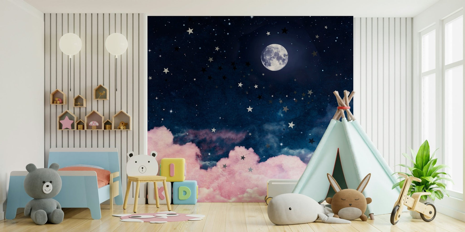 Whimsical night sky mural with moonlit charm

