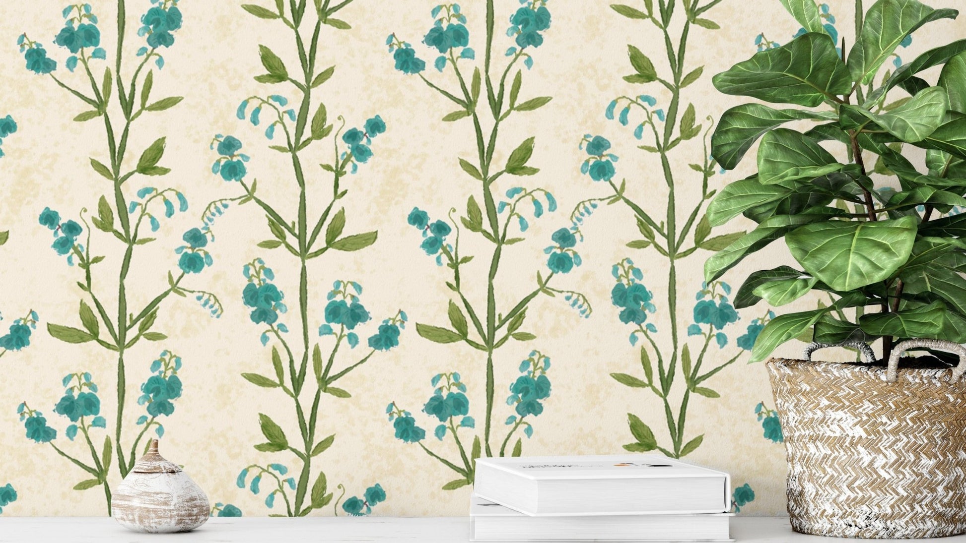 Lovely sweet peas pattern wallpaper in soothing blue hues.
