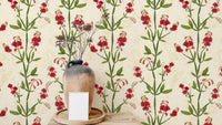 Sweet peas design wallpaper with vibrant magenta leaf details.
