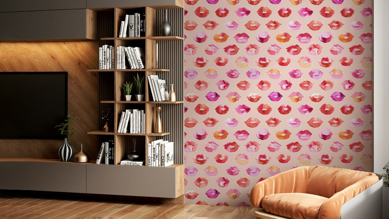 Bold pink lips wall mural with love vibes

