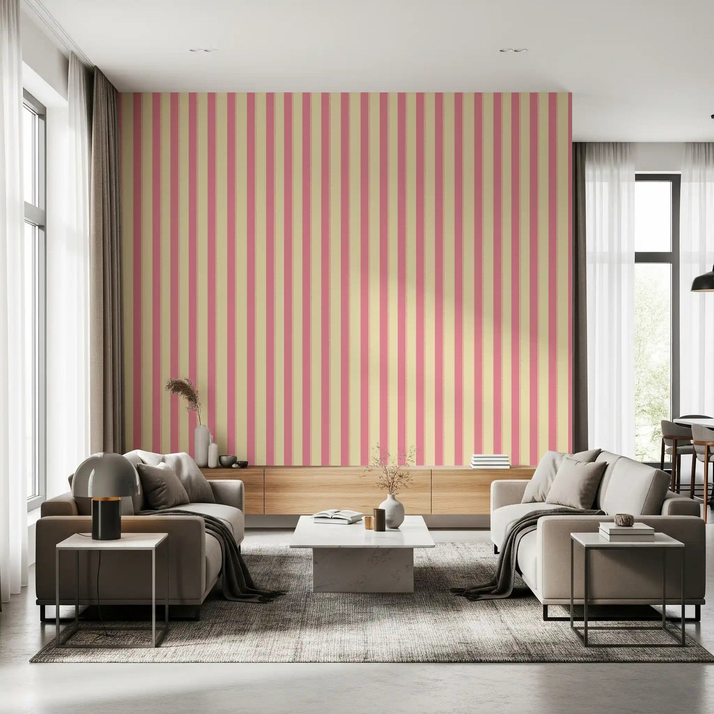 A cosy seating corner wrapped in Sweet Stripes Wallpaper with slim vertical bands