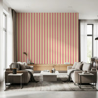 A cosy seating corner wrapped in Sweet Stripes Wallpaper with slim vertical bands