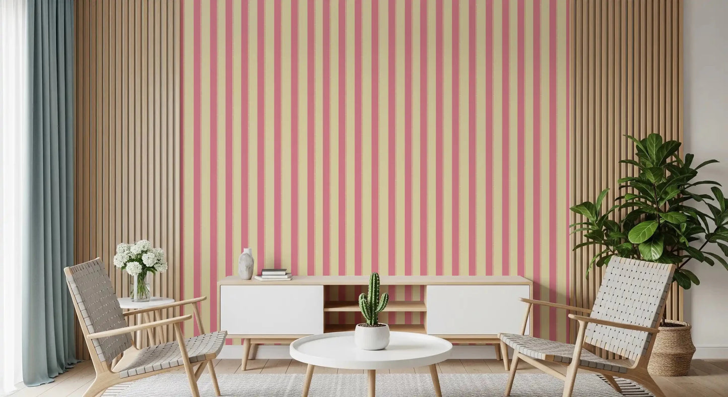 Sweet Stripes Wallpaper used across an open lounge and Living area setting