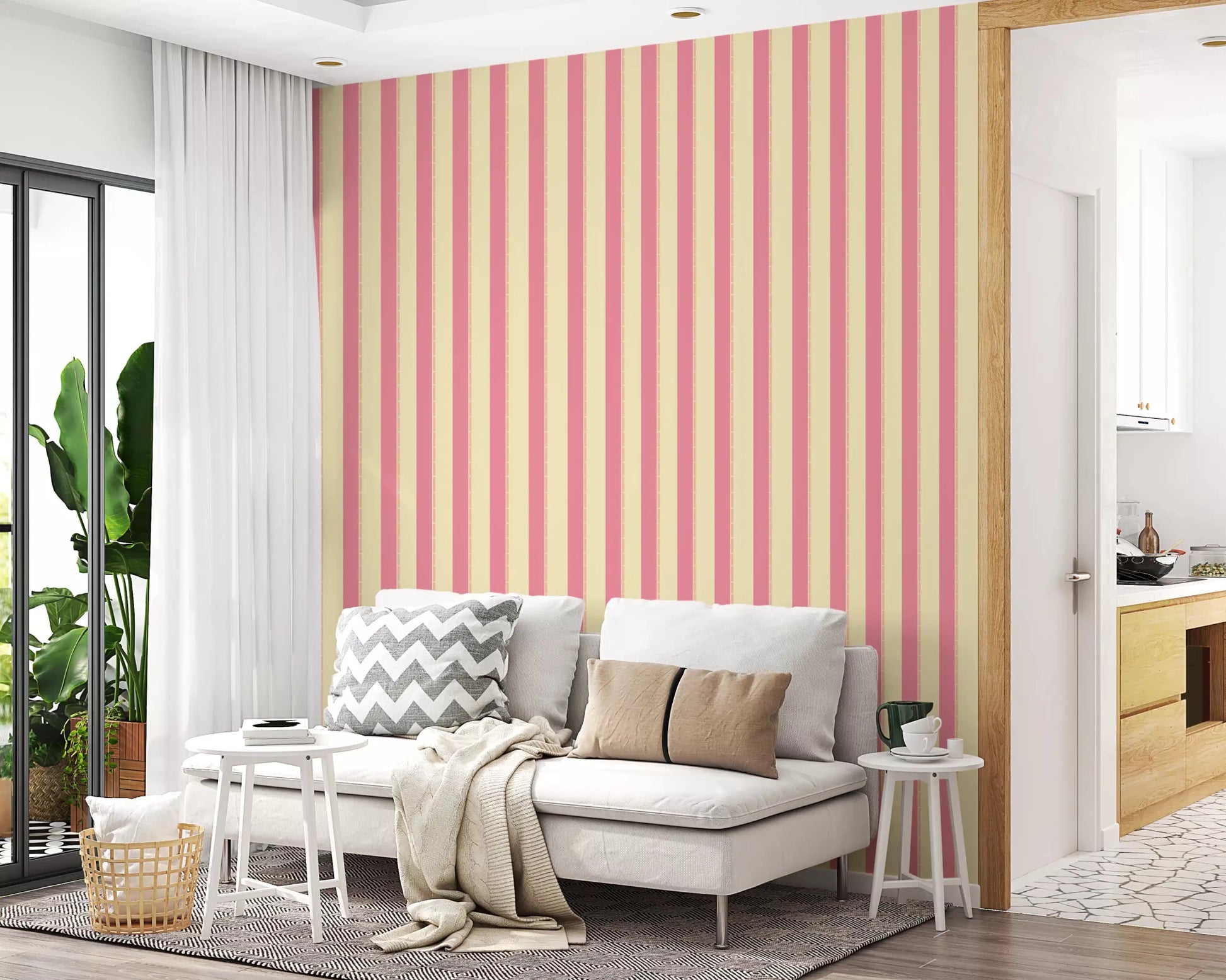 Living room framed by Sweet Stripes Wallpaper in pink beige vertical lines