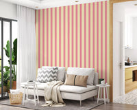 Living room framed by Sweet Stripes Wallpaper in pink beige vertical lines
