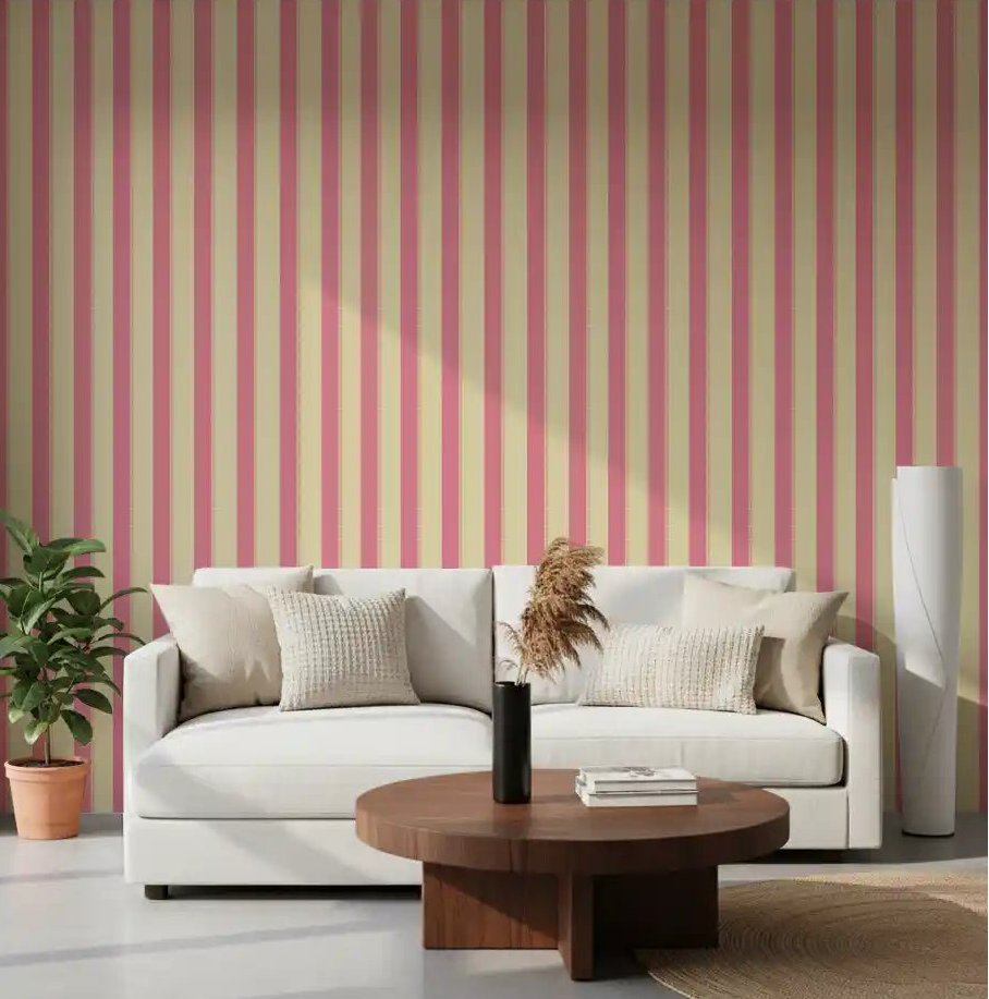 Cream sofa setup with Sweet Stripes Wallpaper in soft pink and beige bands, GD8903
