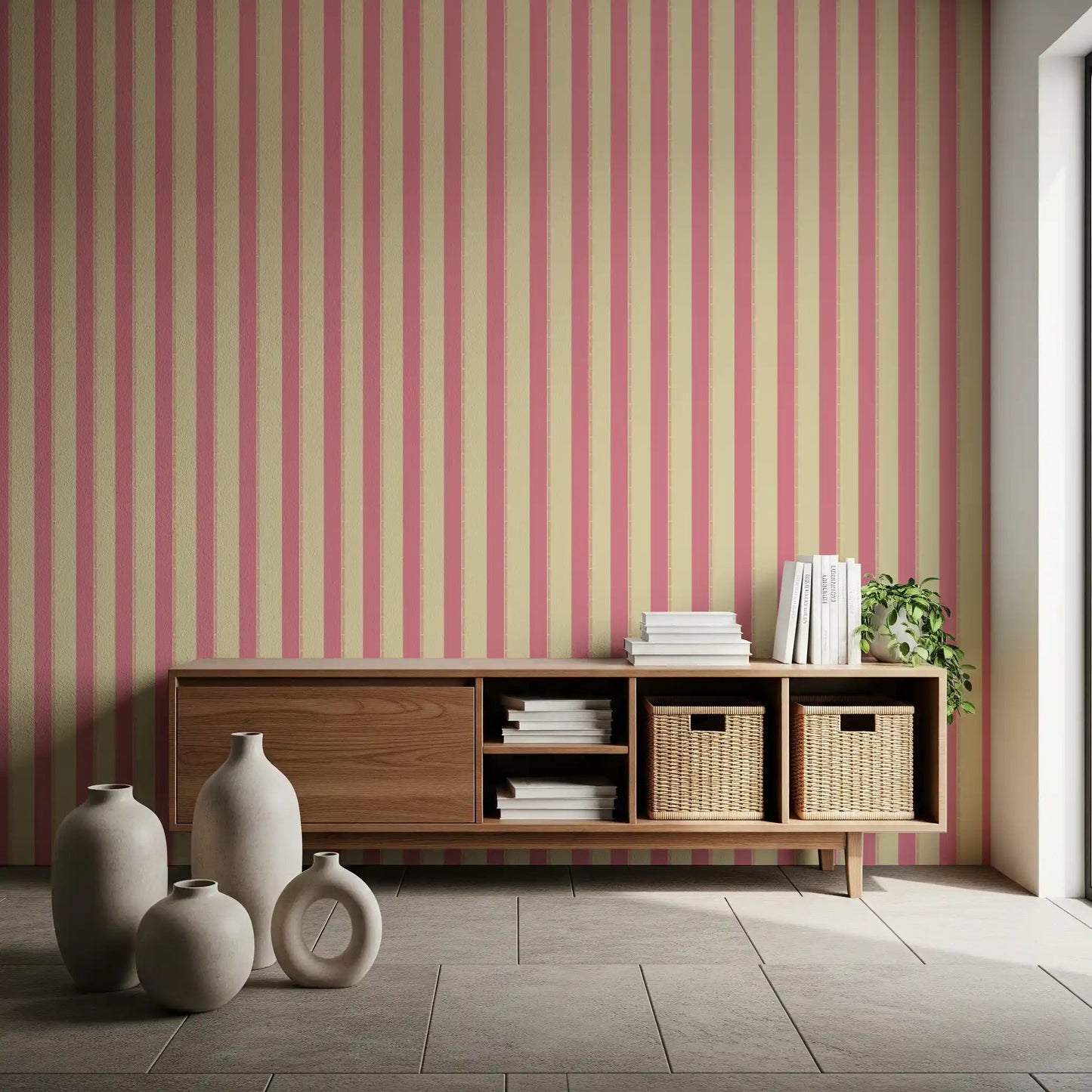Open shelf corner styled with Sweet Stripes Wallpaper in a warm striped finish