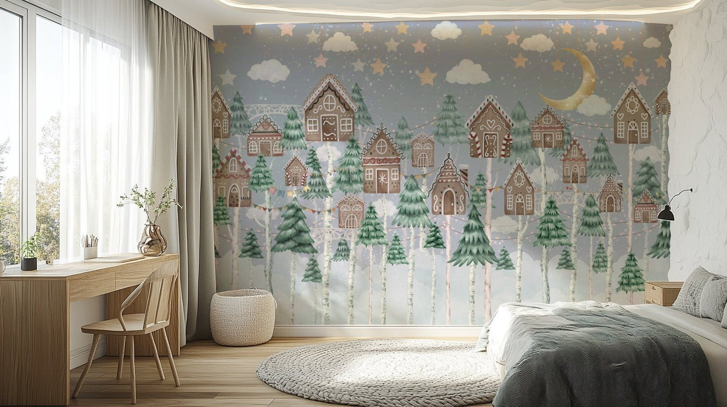 A peaceful wall mural with a charming winter village scene.


