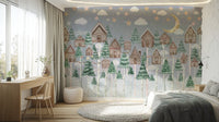 A peaceful wall mural with a charming winter village scene.

