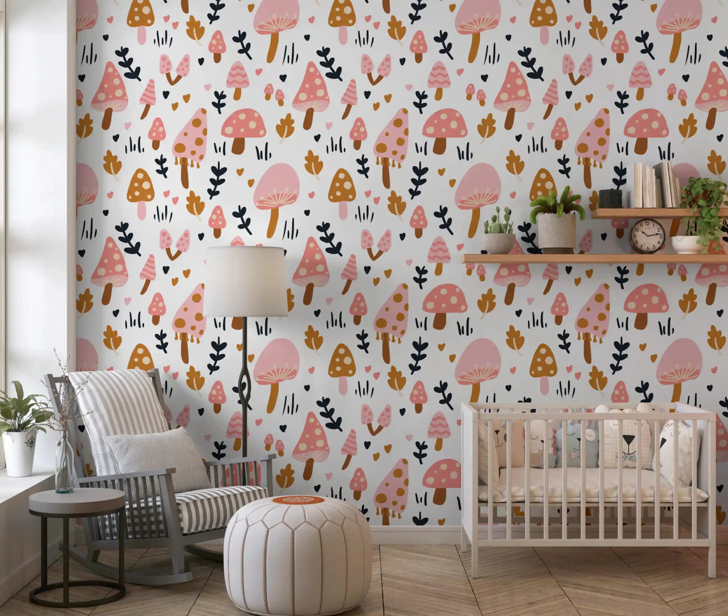 Adorning a cozy nursery with Sweet Woodland Mushrooms wallpaper.GD9451