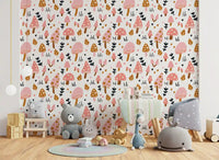 Whimsical mushroom illustrations featured on this woodland wallpaper.⁠GD9451