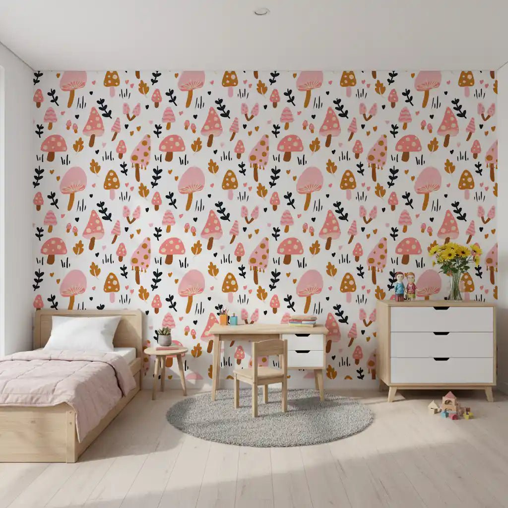 Shared kids room decorated with woodland mushrooms wallpaper.GD9451