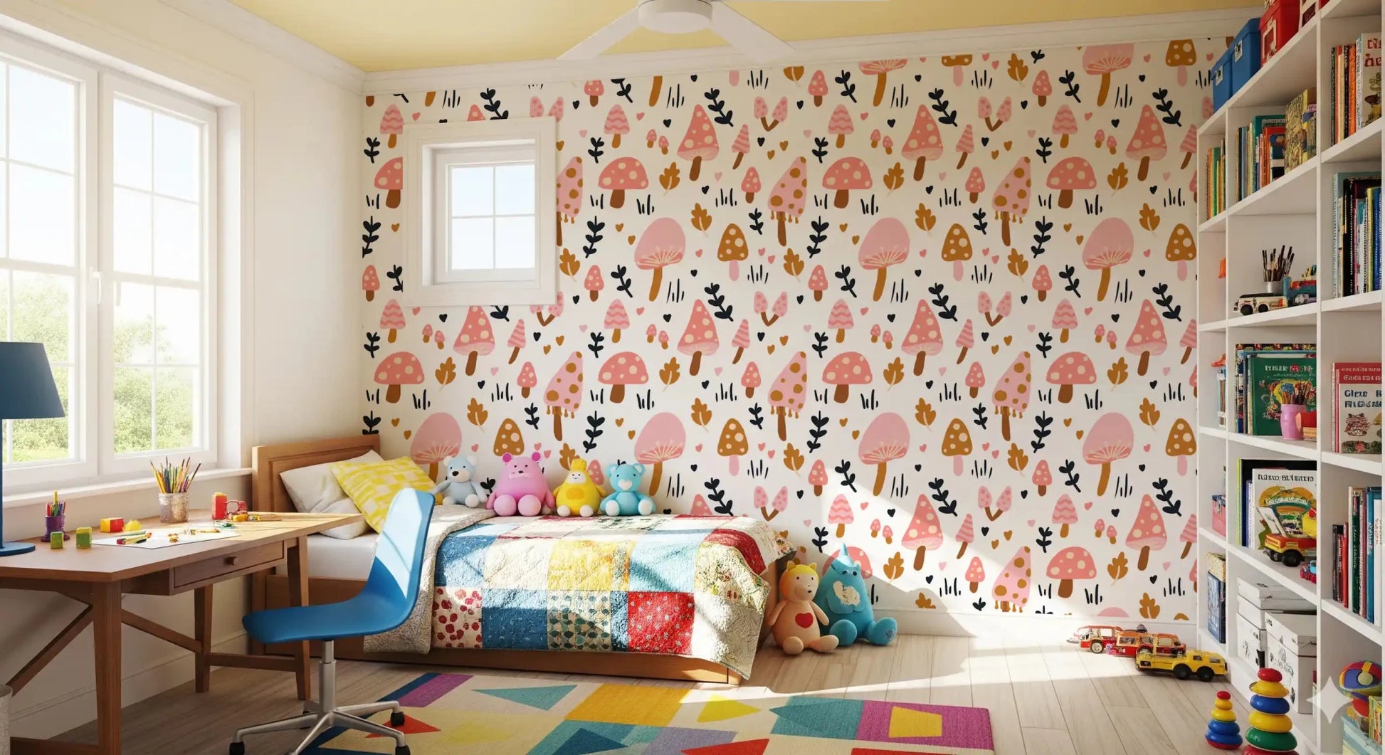 Detail showing pink, red, and brown fungi on Sweet Woodland Mushrooms wallpaper.⁠GD9451